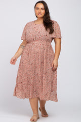 Light Pink Floral Pleated Chiffon Maternity Plus Midi Dress