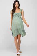 Light Olive Floral Ruffle Accent Smocked Maternity Dress