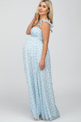 Light Blue Floral Chiffon Sweetheart Neck Off Shoulder Maternity Maxi Dress