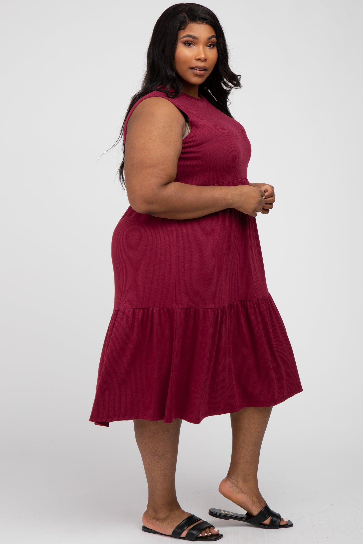 Burgundy Ribbed Sleeveless Plus Midi Dress