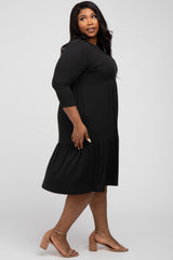 Black Tiered Ribbed 3/4 Sleeve Plus Midi Dress