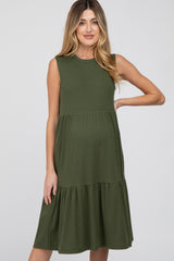 Olive Ribbed Tiered Maternity Midi Dress