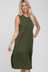 Olive Ribbed Tiered Midi Dress