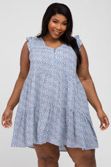 Blue Floral Button Front Tiered Plus Dress