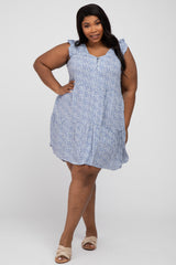 Blue Floral Button Front Tiered Plus Dress