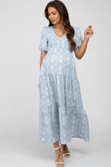 Blue Paisley Print Smocked Tiered Maternity Maxi Dress