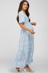 Blue Paisley Print Smocked Tiered Maternity Maxi Dress