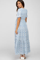 Blue Paisley Print Smocked Tiered Maternity Maxi Dress