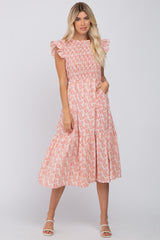 Pink Leaf Print Smocked Ruffle Sleeve Maternity Midi Dress