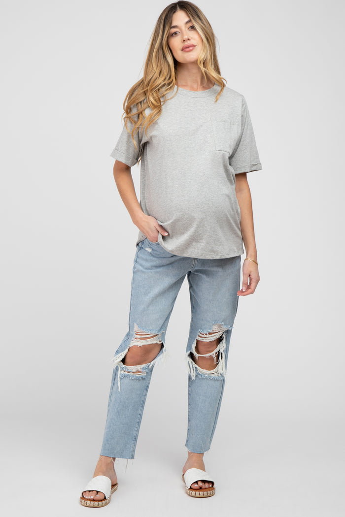 Heather Grey Oversized Pocket Front Short Sleeve Maternity Top