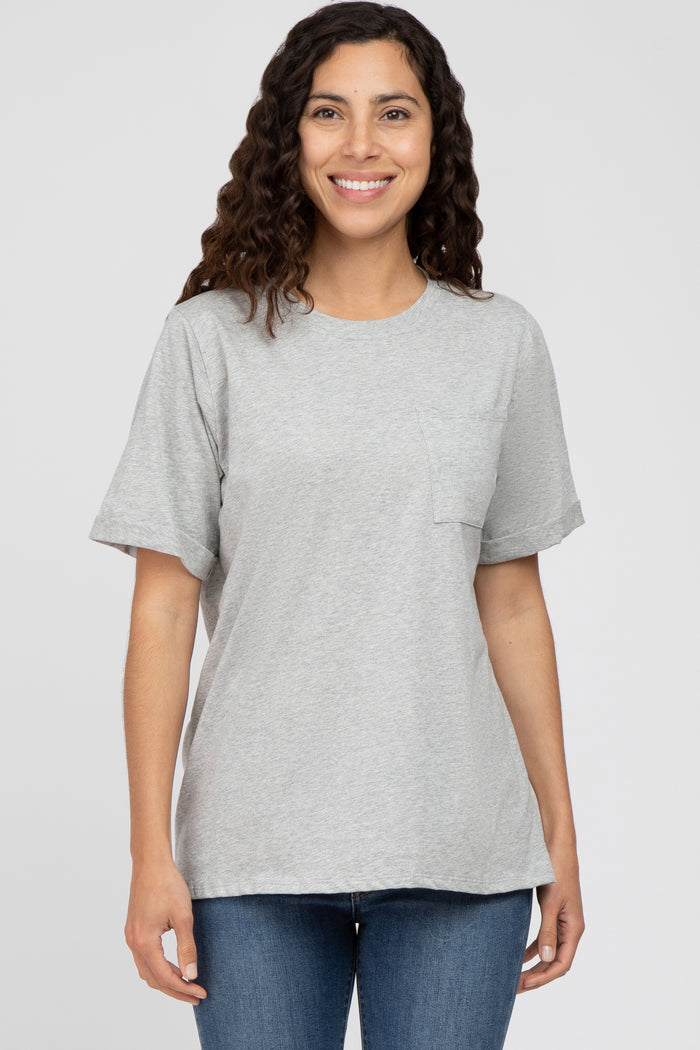 Heather Grey Oversized Pocket Front Short Sleeve Maternity Top