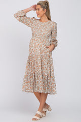 Cream Floral Smocked 3/4 Sleeve Maternity Midi Dress