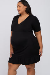 Black V-Neck Ruffle Hem Maternity Dress