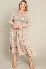 Cream Floral Smocked 3/4 Sleeve Plus Midi Dress