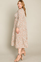 Cream Floral Smocked 3/4 Sleeve Plus Midi Dress