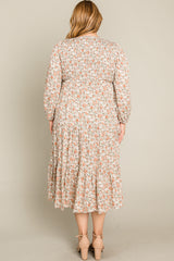 Cream Floral Smocked 3/4 Sleeve Plus Midi Dress