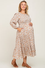 Cream Floral Smocked 3/4 Sleeve Maternity Plus Midi Dress