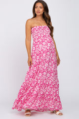 Magenta Floral Strapless Smocked Maternity Maxi Dress