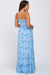 Blue Floral Strapless Smocked Maternity Maxi Dress