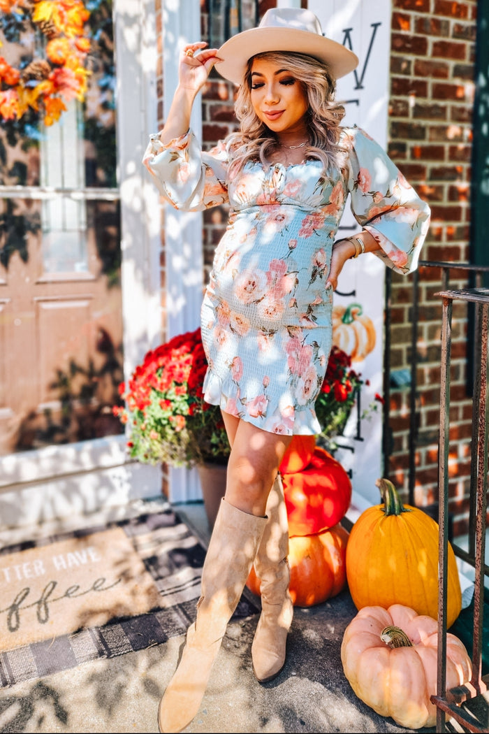 Mint Green Floral Sweetheart Neck Smocked Long Sleeve Maternity Dress
