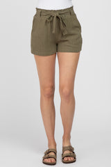Olive Pinstriped Belted Shorts