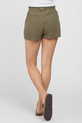 Olive Pinstriped Belted Shorts
