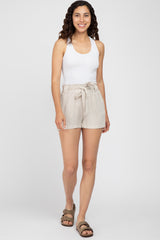 Beige Pinstriped Belted Maternity Shorts