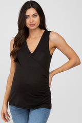 Black Crossover Ruched Maternity Nursing Tank