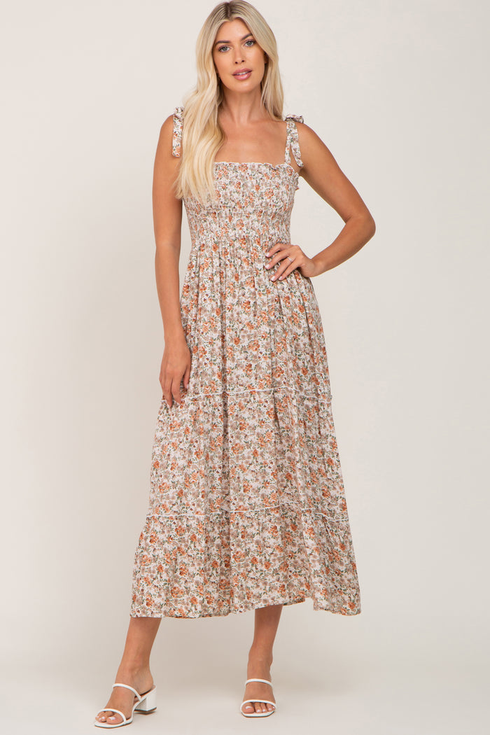 Beige Floral Sleeveless Tiered Maternity Maxi Dress