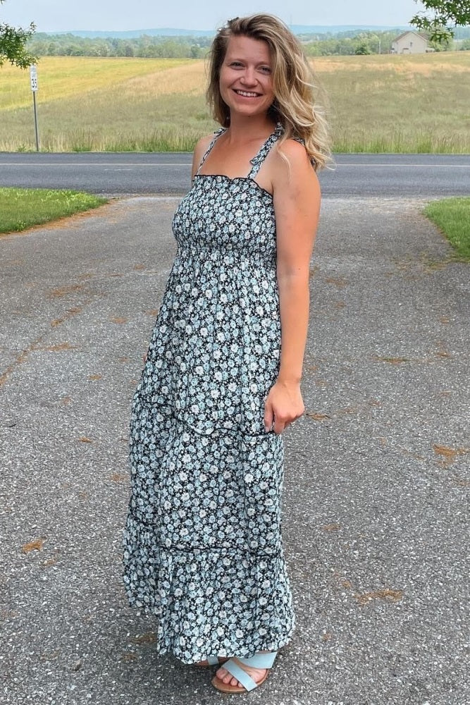Black Floral Sleeveless Tiered Maxi Dress