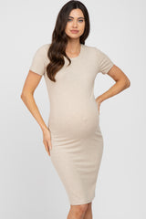 Beige Ribbed Fitted Maternity Dress
