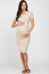 Beige Ribbed Fitted Maternity Dress