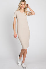 Beige Ribbed Fitted Dress