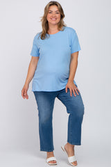 Light Blue Solid Short Sleeve Plus Maternity Top