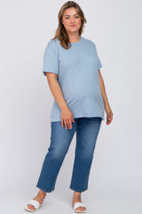 Blue Solid Short Sleeve Plus Maternity Top