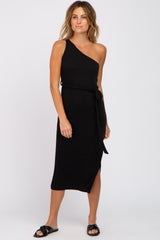 Black Ribbed One Shoulder Side Slit Maternity Midi Dress