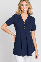 PinkBlush Navy Ribbed Button Accent Blouse