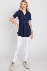 PinkBlush Navy Ribbed Button Accent Blouse