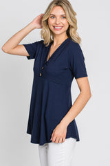 PinkBlush Navy Ribbed Button Accent Blouse