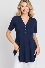 PinkBlush Navy Ribbed Button Accent Blouse