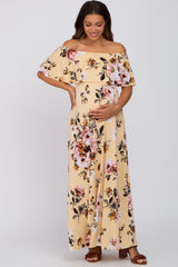 Yellow Floral Off Shoulder Maternity Maxi Dress