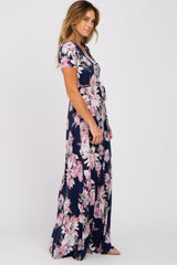 Navy Blue Floral Wrap Nursing Maxi Dress