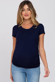 Navy Blue Basic Short Sleeve Maternity Fitted Top