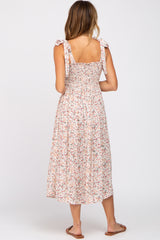 Cream Floral Smocked Tie Strap Midi Dress