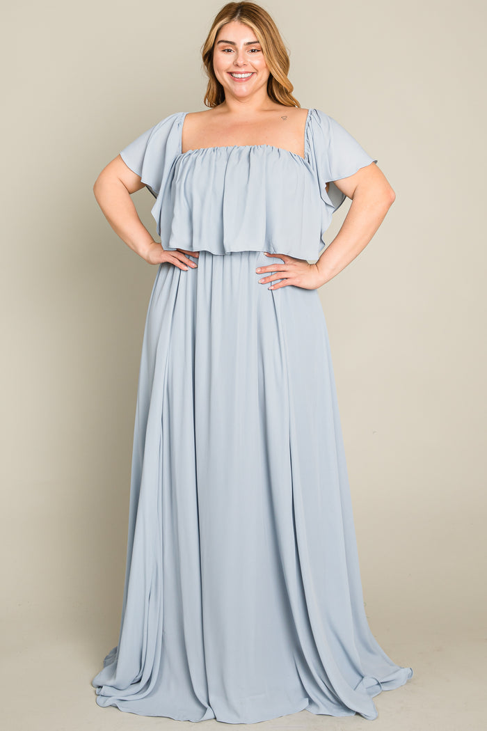 Light Blue Chiffon Off Shoulder Plus Gown