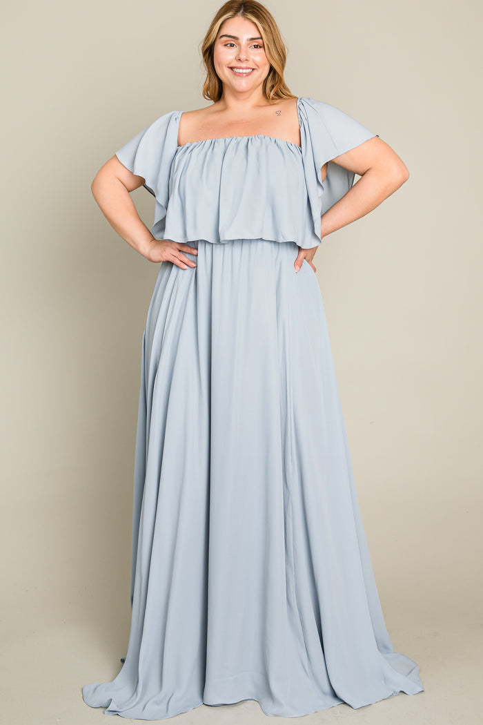 Light Blue Chiffon Off Shoulder Plus Gown