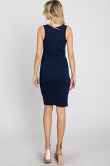 Navy Blue Ribbed V-Neck Dress