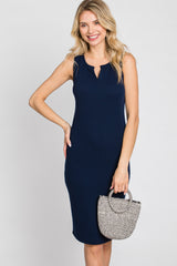 Navy Blue Ribbed V-Neck Dress