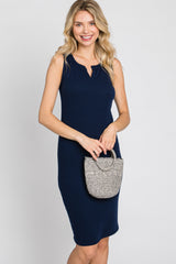 Navy Blue Ribbed V-Neck Dress