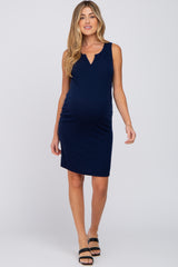 Navy Blue Ribbed V-Neck Maternity Dress